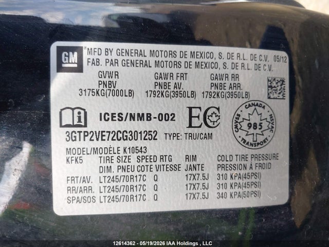 Aukcja sprzedaży 2012 Gmc Sierra 1500 Sle, vin: 3GTP2VE72CG301252, numer aukcji: 12614362