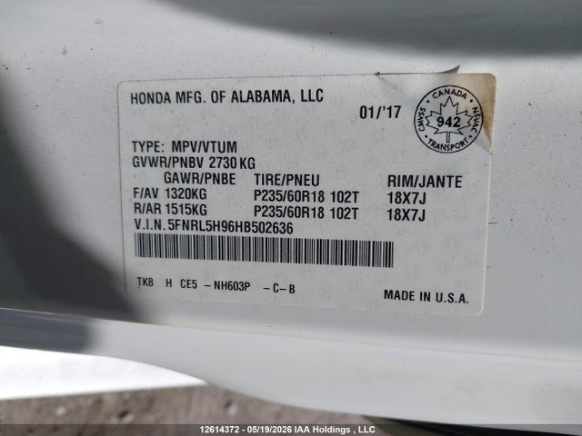 5FNRL5H96HB502636 Honda Odyssey Touring