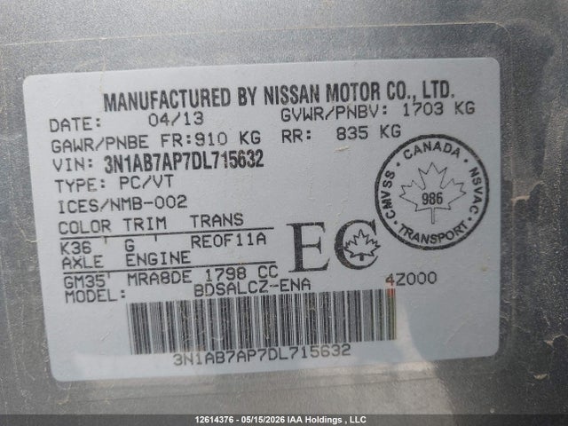 2013 Nissan Sentra მანქანა იყიდება აუქციონზე, vin: 3N1AB7AP7DL715632, აუქციონის ნომერი: 12614376