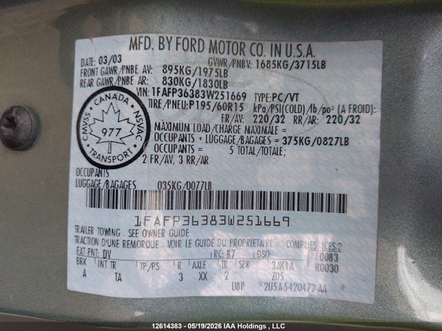 Aukcja sprzedaży 2003 Ford Focus Se/ztw, vin: 1FAFP36383W251669, numer aukcji: 12614383