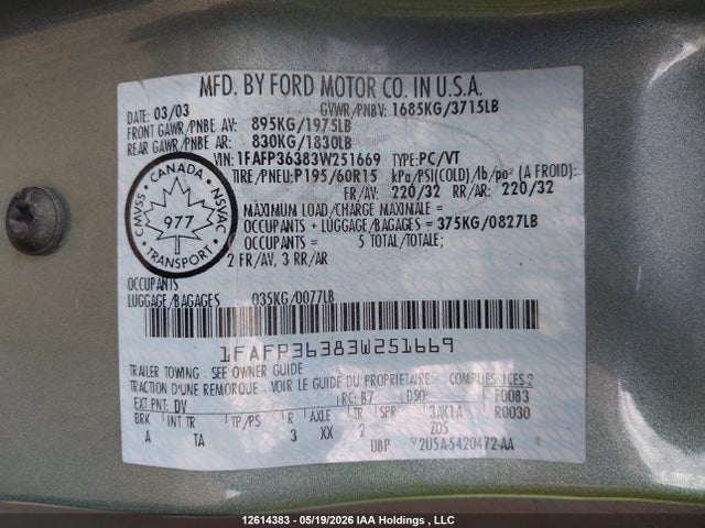 Aukcja sprzedaży 2003 Ford Focus Se/ztw, vin: 1FAFP36383W251669, numer aukcji: 12614383
