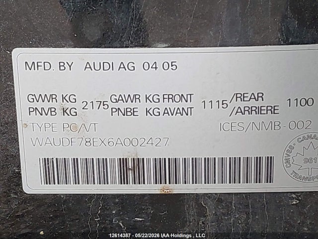 Aukcja sprzedaży 2006 Audi A4, vin: WAUDF78EX6A002427, numer aukcji: 12614387