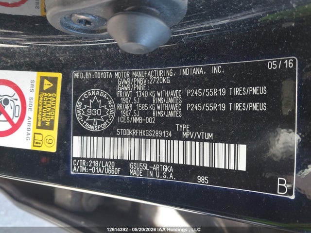 2016 Toyota Highlander Limited მანქანა იყიდება აუქციონზე, vin: 5TDDKRFHXGS289134, აუქციონის ნომერი: 12614392