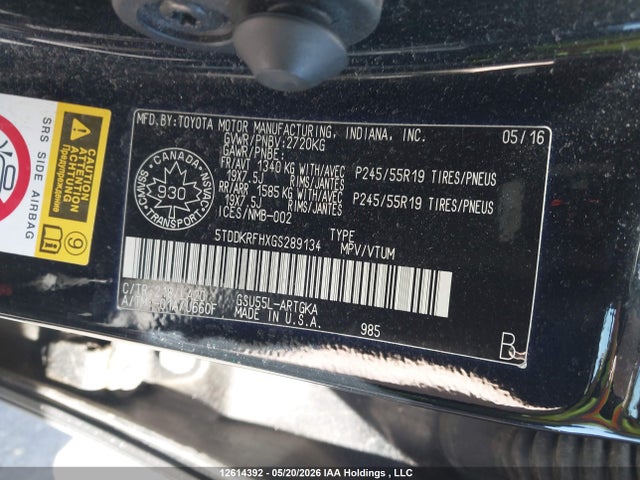 2016 Toyota Highlander Limited მანქანა იყიდება აუქციონზე, vin: 5TDDKRFHXGS289134, აუქციონის ნომერი: 12614392