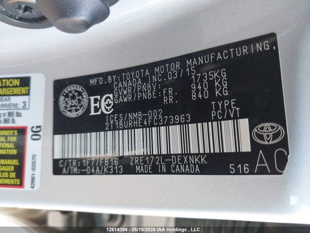 Продажа на аукционе авто 2015 Toyota Corolla L/le/le Pls/prm/s/s Pls, vin: 2T1BURHE4FC373963, номер лота: 12614394