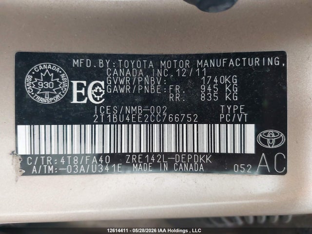2012 Toyota Corolla მანქანა იყიდება აუქციონზე, vin: 2T1BU4EE2CC766752, აუქციონის ნომერი: 12614411