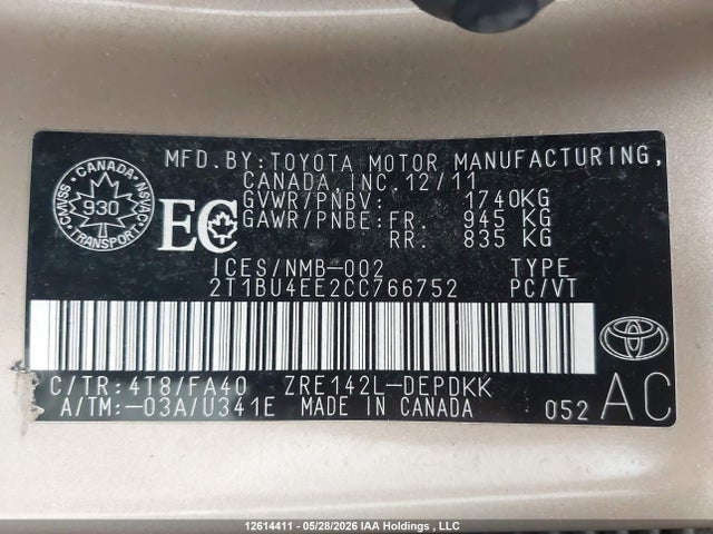 2012 Toyota Corolla მანქანა იყიდება აუქციონზე, vin: 2T1BU4EE2CC766752, აუქციონის ნომერი: 12614411