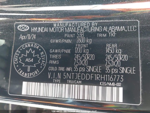2024 Hyundai Santa Cruz Ultimate W/colour Package მანქანა იყიდება აუქციონზე, vin: 5NTJEDDF1RH116773, აუქციონის ნომერი: 12614413