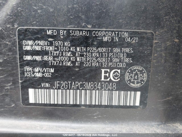12614417 :رقم المزاد ، JF2GTAPC3M8343048 vin ، 2021 Subaru Crosstrek Touring مزاد بيع
