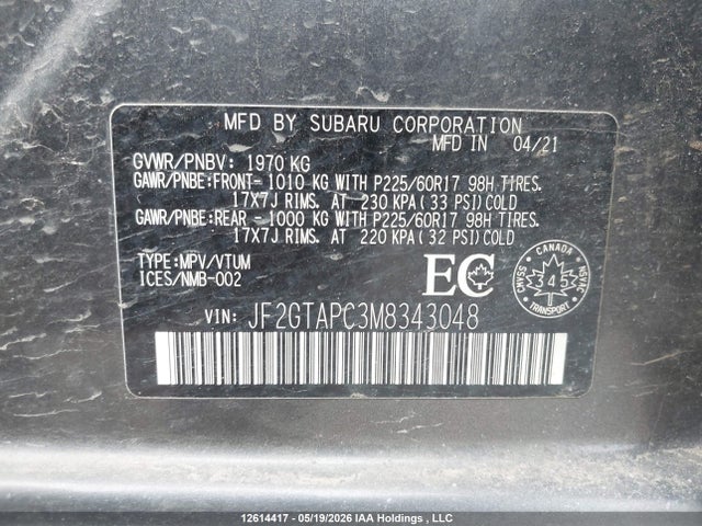 12614417 :رقم المزاد ، JF2GTAPC3M8343048 vin ، 2021 Subaru Crosstrek Touring مزاد بيع