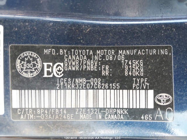 Продаж на аукціоні авто 2007 Toyota Matrix Xr, vin: 2T1KR32E07C626155, номер лоту: 12614418