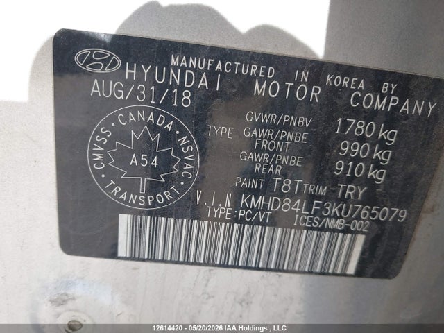 12614420 :رقم المزاد ، KMHD84LF3KU765079 vin ، 2019 Hyundai Elantra Luxury مزاد بيع