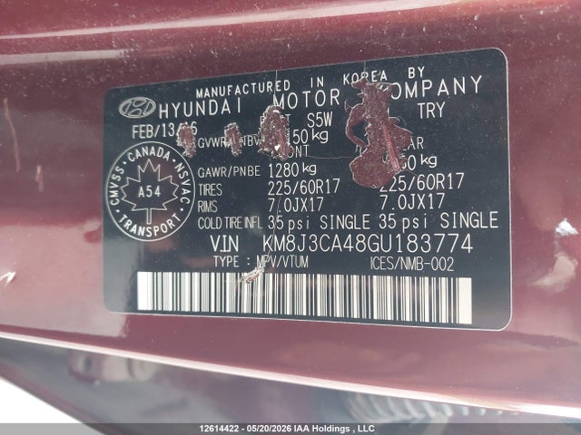 12614422 :رقم المزاد ، KM8J3CA48GU183774 vin ، 2016 Hyundai Tucson مزاد بيع