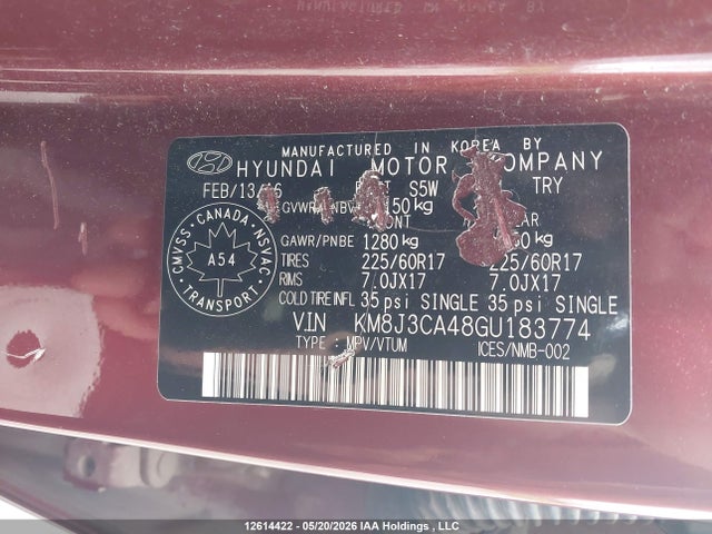 12614422 :رقم المزاد ، KM8J3CA48GU183774 vin ، 2016 Hyundai Tucson مزاد بيع