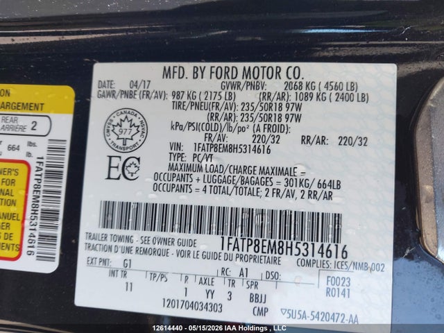 Aukcja sprzedaży 2017 Ford Mustang, vin: 1FATP8EM8H5314616, numer aukcji: 12614440