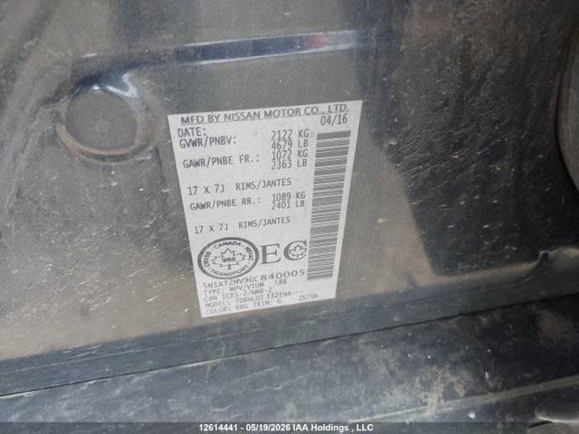 5N1AT2MV9GC840005 Nissan Rogue S/sl Premium/sv