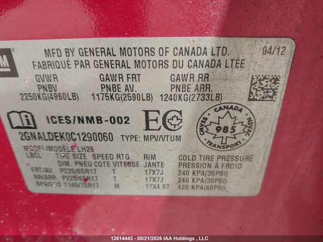 12614443 :رقم المزاد ، 2GNALDEK0C1290060 vin ، 2012 Chevrolet Equinox Lt مزاد بيع