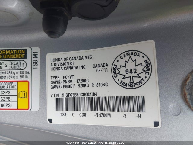 2012 Honda Civic Lx მანქანა იყიდება აუქციონზე, vin: 2HGFG3B59CH002184, აუქციონის ნომერი: 12614444