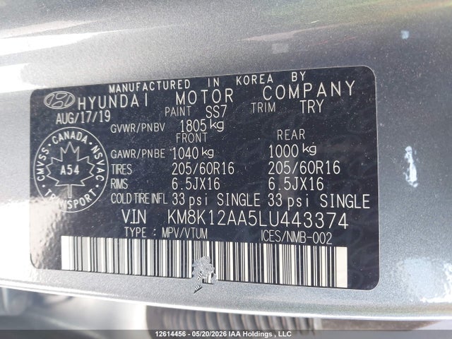 Продаж на аукціоні авто 2020 Hyundai Kona Essential, vin: KM8K12AA5LU443374, номер лоту: 12614456
