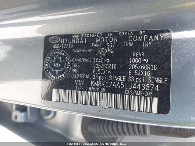 Продаж на аукціоні авто 2020 Hyundai Kona Essential, vin: KM8K12AA5LU443374, номер лоту: 12614456