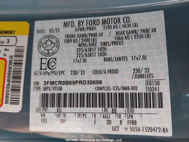 Aukcja sprzedaży 2023 Ford Bronco Sport Big Bend, vin: 3FMCR9B69PRD30606, numer aukcji: 12614468