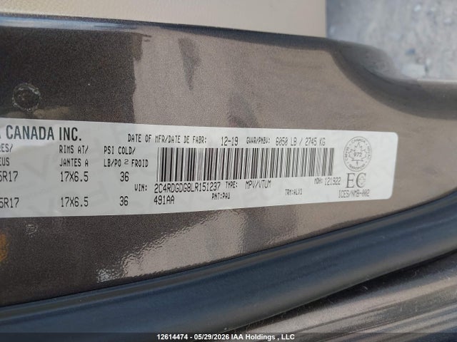 12614474 :رقم المزاد ، 2C4RDGDG8LR151237 vin ، 2020 Dodge Grand Caravan Crew Plus مزاد بيع