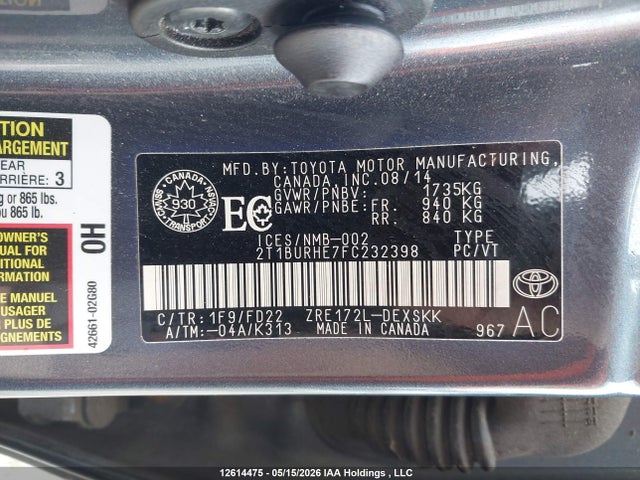 12614475 :رقم المزاد ، 2T1BURHE7FC232398 vin ، 2015 Toyota Corolla S مزاد بيع