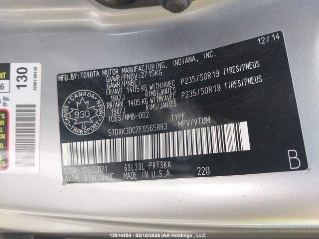 Aukcja sprzedaży 2015 Toyota Sienna Sport, vin: 5TDXK3DC7FS565883, numer aukcji: 12614484