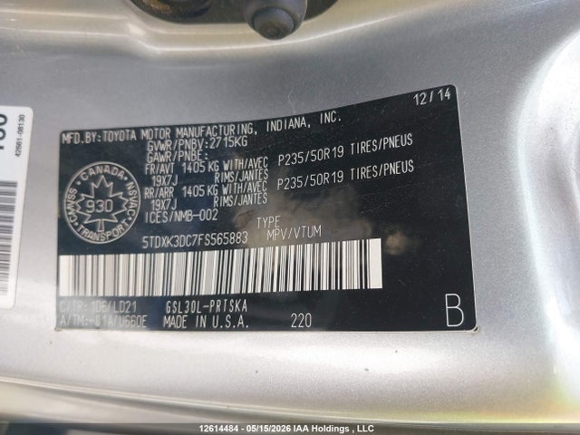 Aukcja sprzedaży 2015 Toyota Sienna Sport, vin: 5TDXK3DC7FS565883, numer aukcji: 12614484