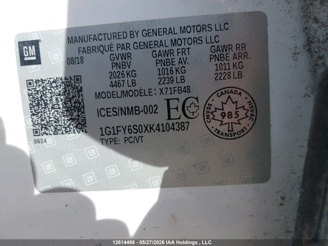Aukcja sprzedaży 2019 Chevrolet Bolt Ev Lt, vin: 1G1FY6S0XK4104387, numer aukcji: 12614486