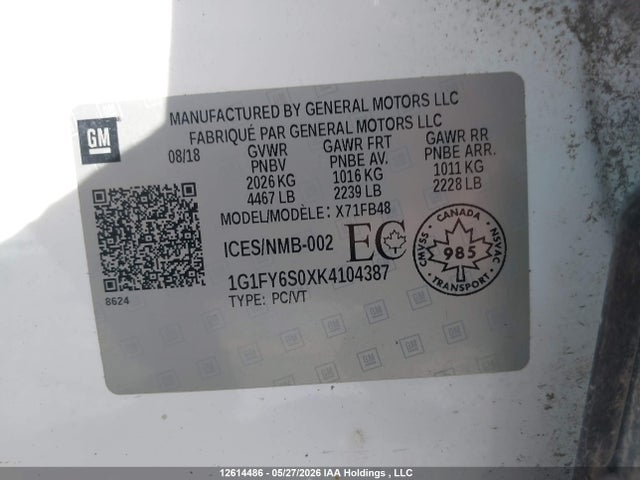 Aukcja sprzedaży 2019 Chevrolet Bolt Ev Lt, vin: 1G1FY6S0XK4104387, numer aukcji: 12614486