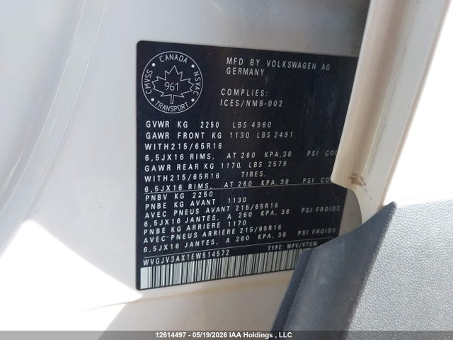 12614497 :رقم المزاد ، WVGJV3AX1EW514572 vin ، 2014 Volkswagen Tiguan S/se/sel/r-line مزاد بيع