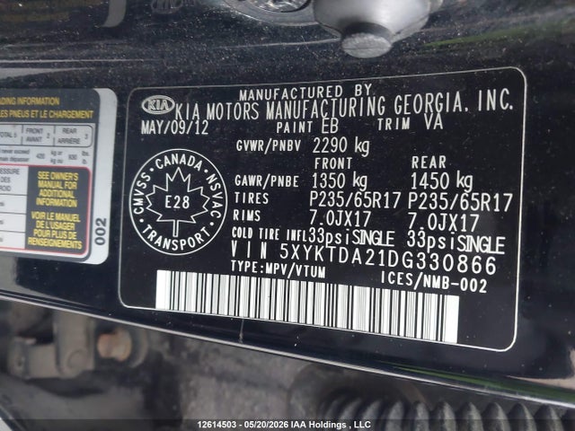 12614503 :رقم المزاد ، 5XYKTDA21DG330866 vin ، 2013 Kia Sorento Lx مزاد بيع