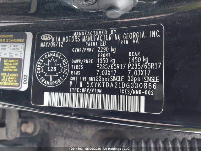 12614503 :رقم المزاد ، 5XYKTDA21DG330866 vin ، 2013 Kia Sorento Lx مزاد بيع