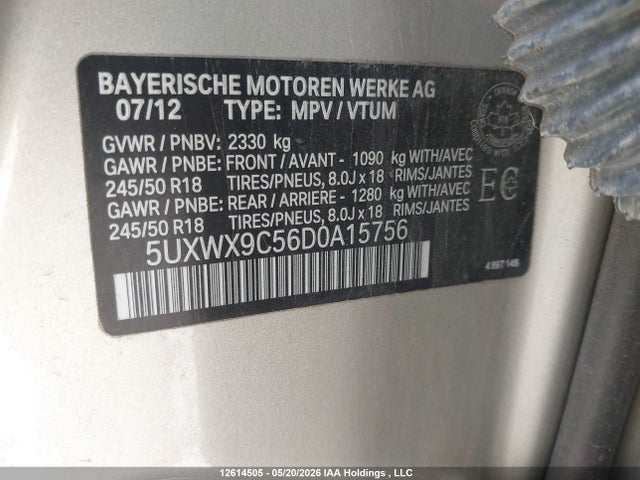 12614505 :رقم المزاد ، 5UXWX9C56D0A15756 vin ، 2013 Bmw X3 Xdrive28i مزاد بيع