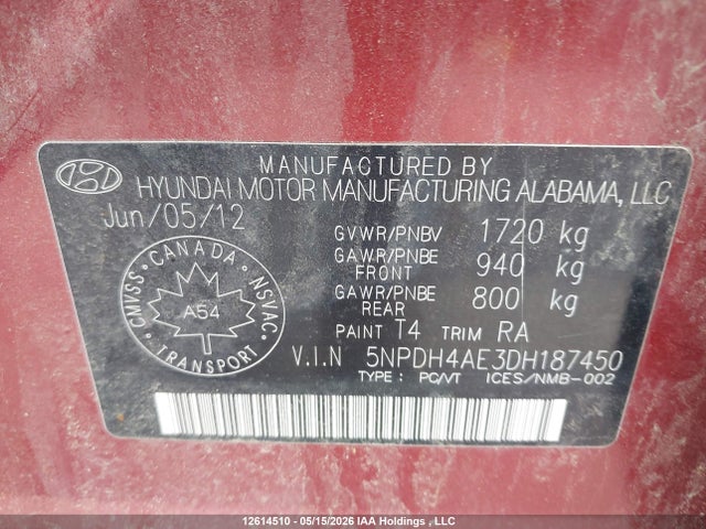 12614510 :رقم المزاد ، 5NPDH4AE3DH187450 vin ، 2013 Hyundai Elantra Gls/limited مزاد بيع