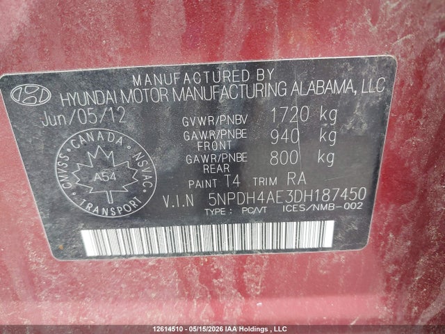 12614510 :رقم المزاد ، 5NPDH4AE3DH187450 vin ، 2013 Hyundai Elantra Gls/limited مزاد بيع