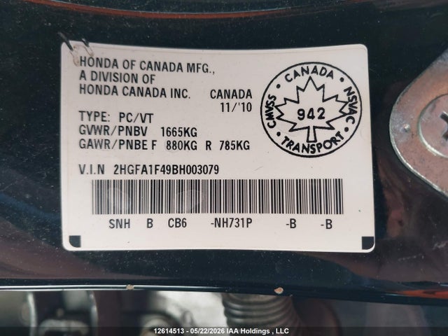 2011 Honda Civic მანქანა იყიდება აუქციონზე, vin: 2HGFA1F49BH003079, აუქციონის ნომერი: 12614513