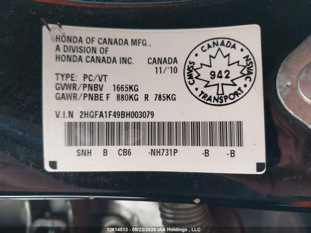 2011 Honda Civic მანქანა იყიდება აუქციონზე, vin: 2HGFA1F49BH003079, აუქციონის ნომერი: 12614513