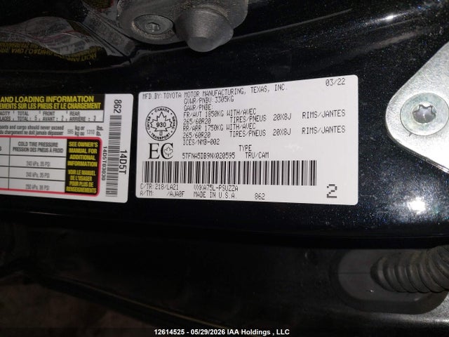 12614525 :رقم المزاد ، 5TFNA5DB9NX020595 vin ، 2022 Toyota Tundra Crewmax Platinum/crewmax 1794 مزاد بيع