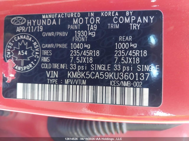 Aukcja sprzedaży 2019 Hyundai Kona 1.6t Ultimate, vin: KM8K5CA59KU360137, numer aukcji: 12614526