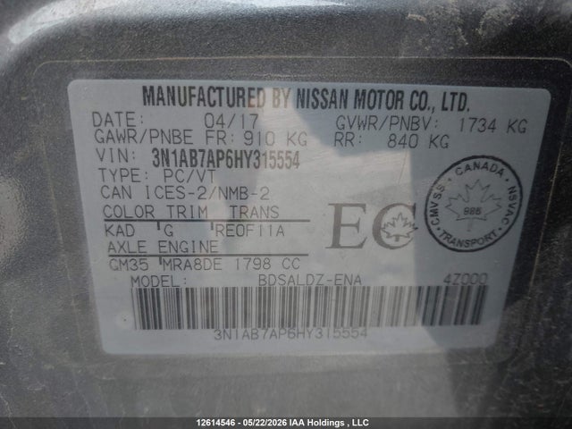 3N1AB7AP6HY315554 Nissan Sentra 1.8 S/1.8 Sl/1.8 Sv