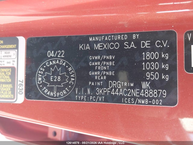 12614578 :رقم المزاد ، 3KPF44AC2NE488879 vin ، 2022 Kia Forte Gt Limited مزاد بيع