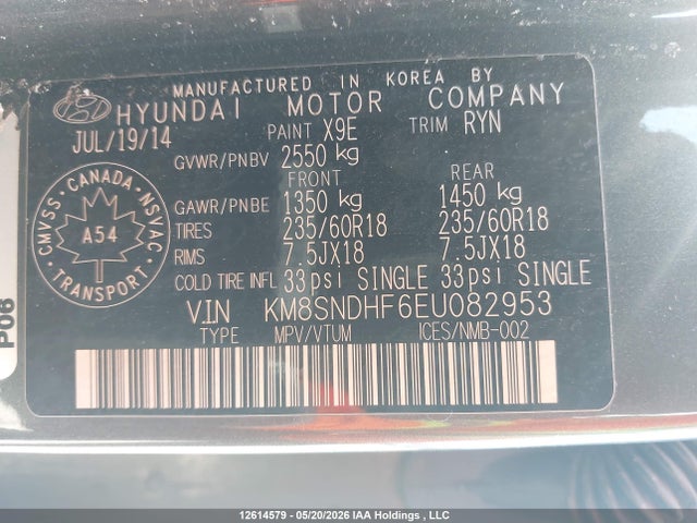 12614579 :رقم المزاد ، KM8SNDHF6EU082953 vin ، 2014 Hyundai Santa Fe Gls مزاد بيع