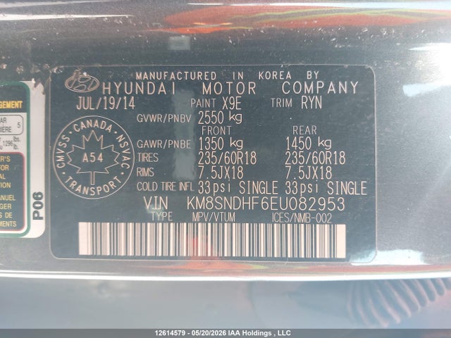 12614579 :رقم المزاد ، KM8SNDHF6EU082953 vin ، 2014 Hyundai Santa Fe Gls مزاد بيع
