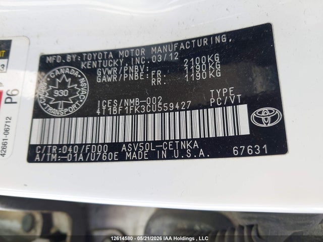 Продажа на аукционе авто 2012 Toyota Camry Se/le/xle, vin: 4T1BF1FK3CU559427, номер лота: 12614580