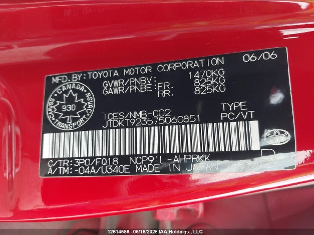 12614586 :رقم المزاد ، JTDKT923575060851 vin ، 2007 Toyota Yaris Le/rs مزاد بيع