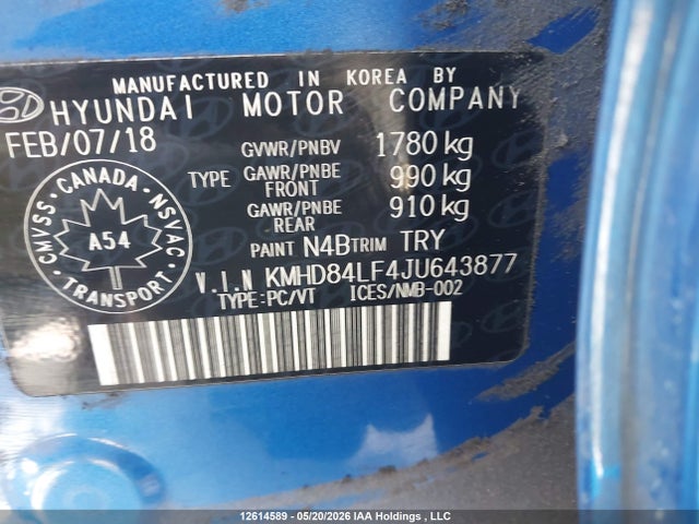 KMHD84LF4JU643877 Hyundai Elantra Sel/value/limited