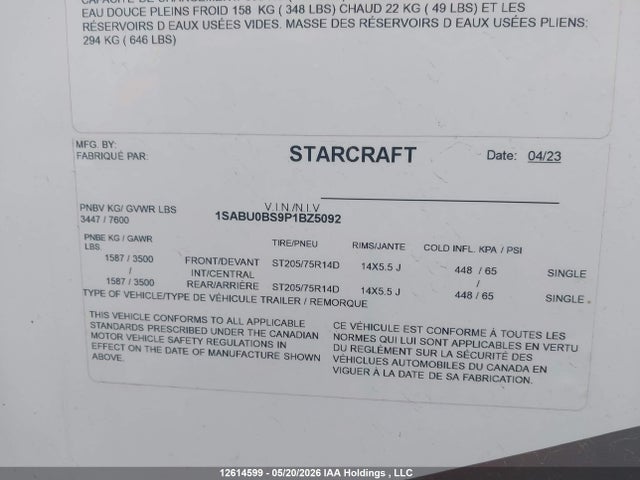 12614599 :رقم المزاد ، 1SABU0BS9P1BZ5092 vin ، 2023 Starcraft Travel Trailer مزاد بيع