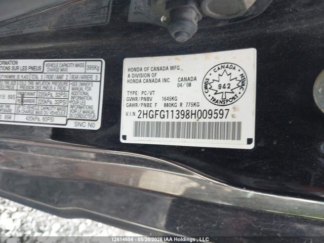 2008 Honda Civic Dx-g მანქანა იყიდება აუქციონზე, vin: 2HGFG11398H009597, აუქციონის ნომერი: 12614604